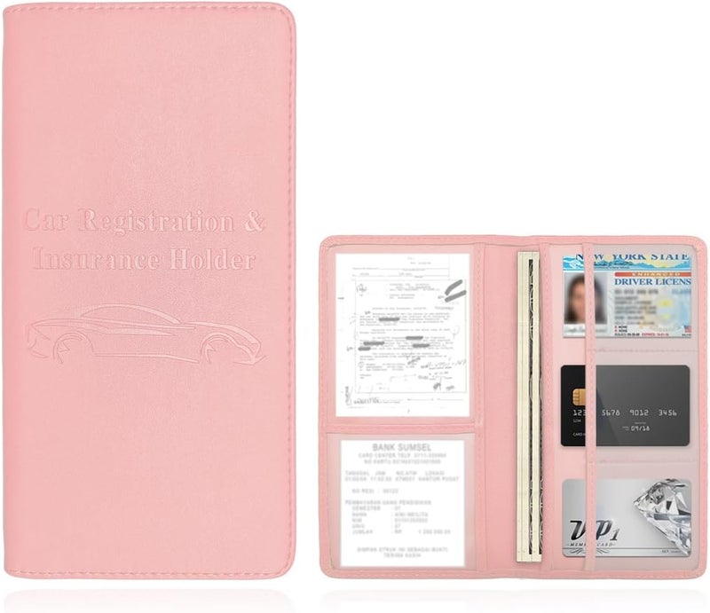 Wevdn Car Registration and Insurance Holder, PU Leather Vehicle Glove Box Organizer with Magnetic Shut, Wallet Case for Insurance Card Driver License Document, Car Accessories (Pink, Matte) - Image 1